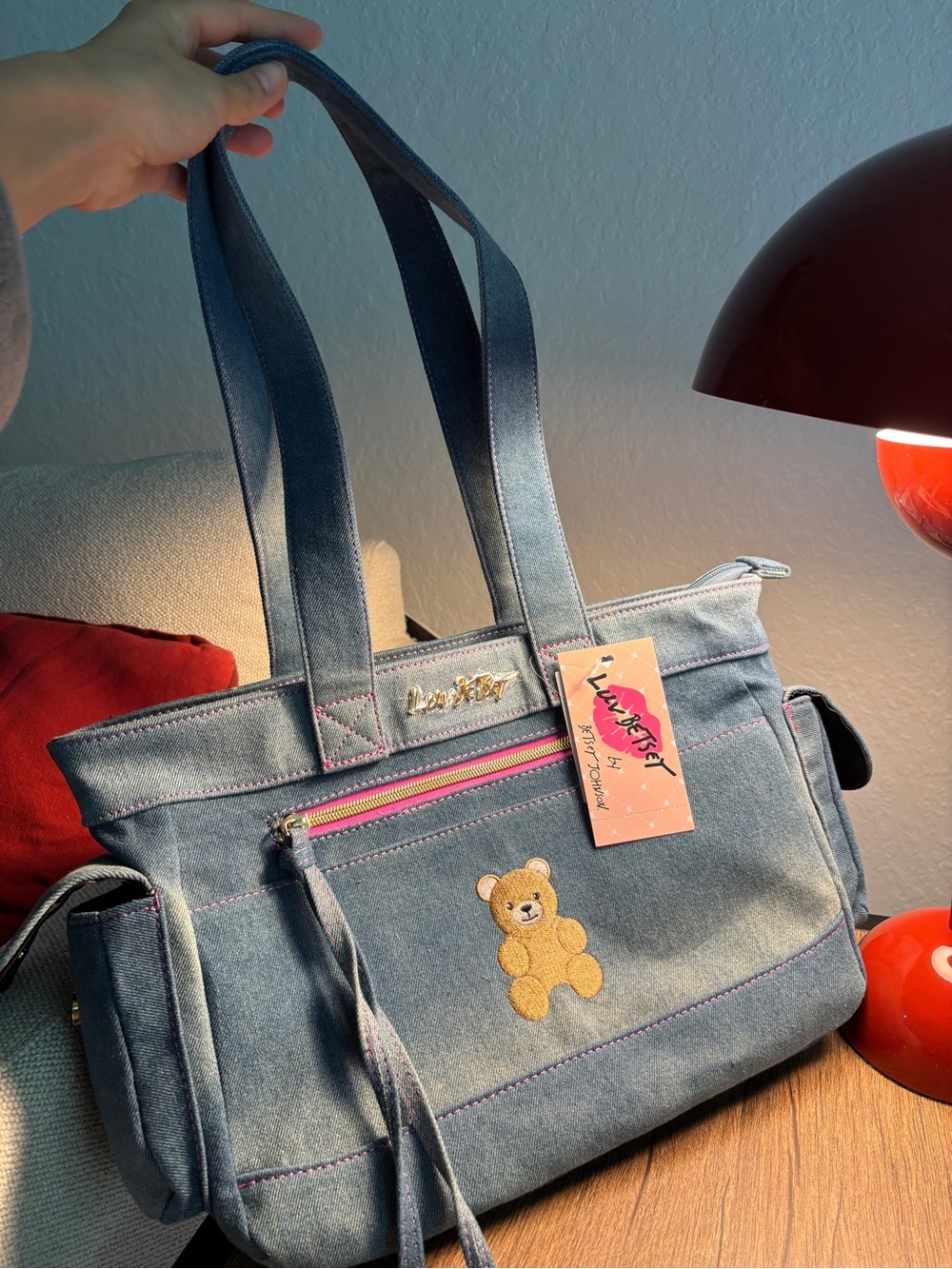 NWT Betsey Cute Blue Denim Tote Bag with Teddy Embroidery